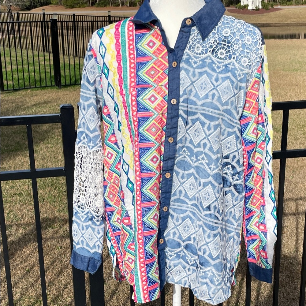 John Mark Multicolor Patterned Button-Up Top Embr… - image 3